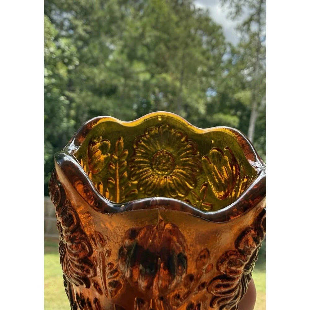 Vintage 1970s Country Store Products Amber Glass Sunflower Toothpick Candle